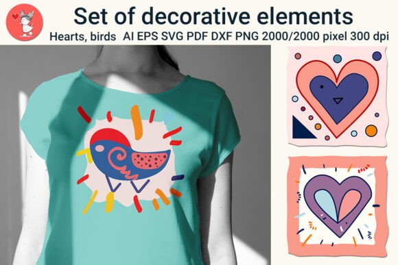Set of Decorative Elements. Hearts, Bird — Graphics for Warm, Handmade Branding